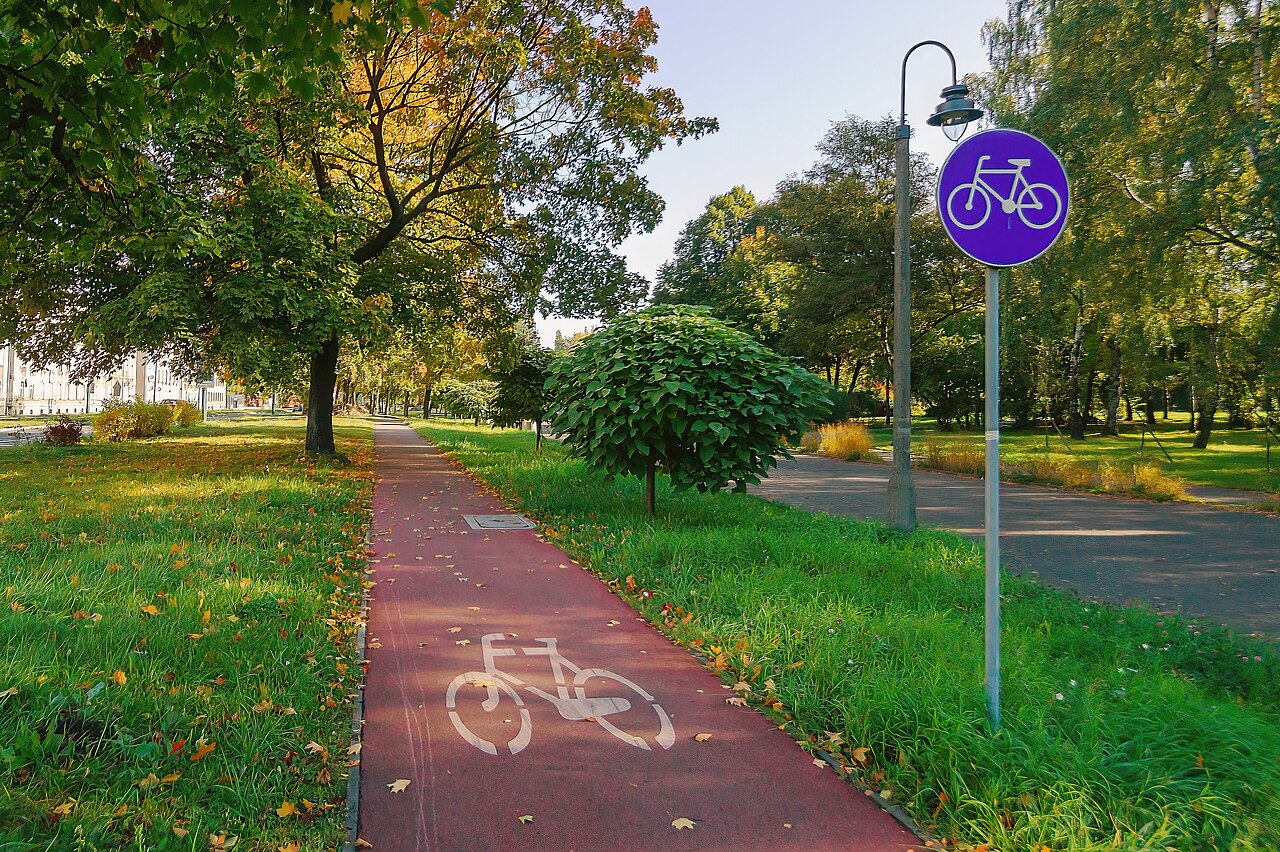 Droga rowerowa w Parku Sieleckim w Sosnowcu, fotografia z 2021 roku. Zdjęcie poglądowe, nie inwestycja w gminie Dywity.