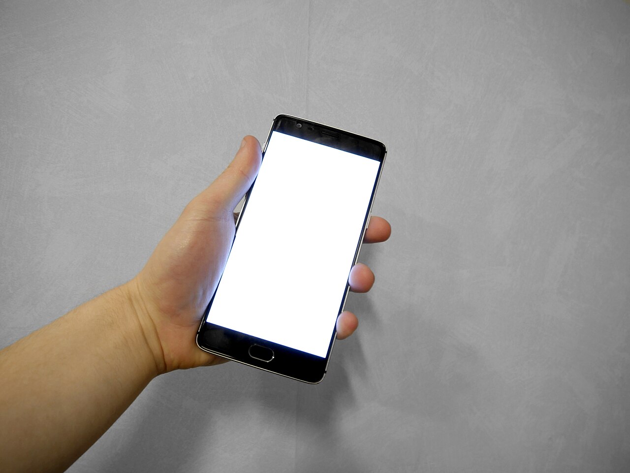 Smartfon z pustym ekranem trzymany w dłoni. Zdjęcie poglądowe; nie przedstawia aplikacji mojeIKP ani wydarzenia w Jonkowie.